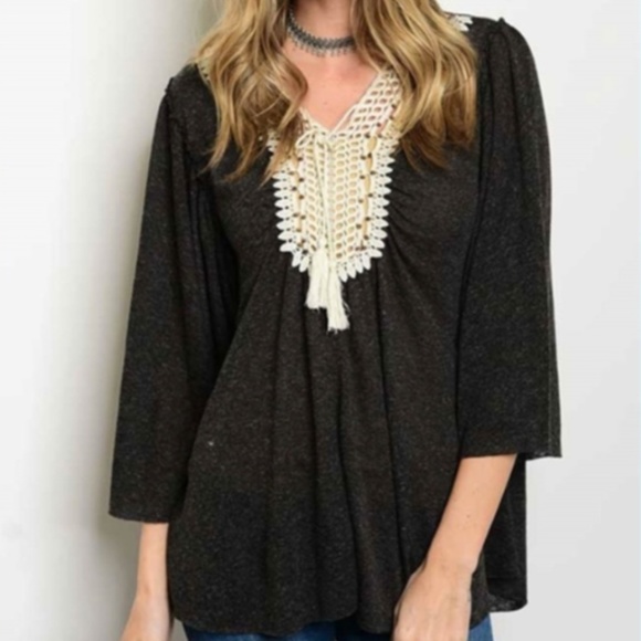C.C. Boutique Tops - NWT Charcoal Grey Crochet Bust Peasant Top